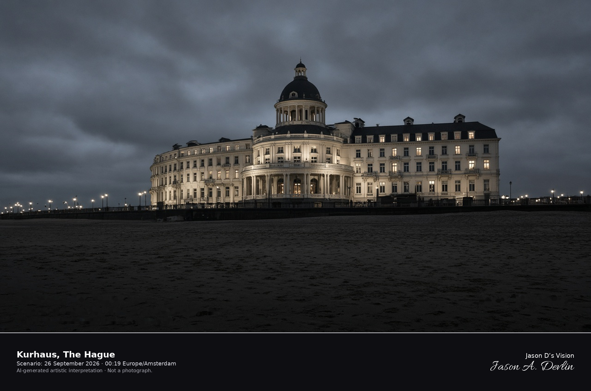 AI-generated artistic interpretation of the Kurhaus at Scheveningen in The Hague on an overcast night